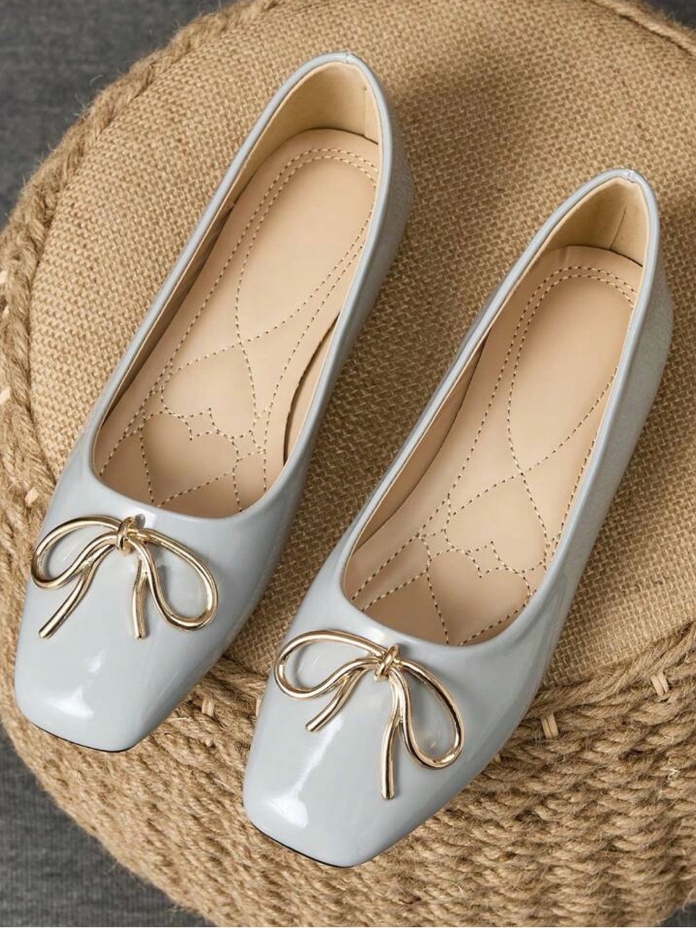 SHEIN Light Gray Patent Ballet Flats with Gold Bow Accent